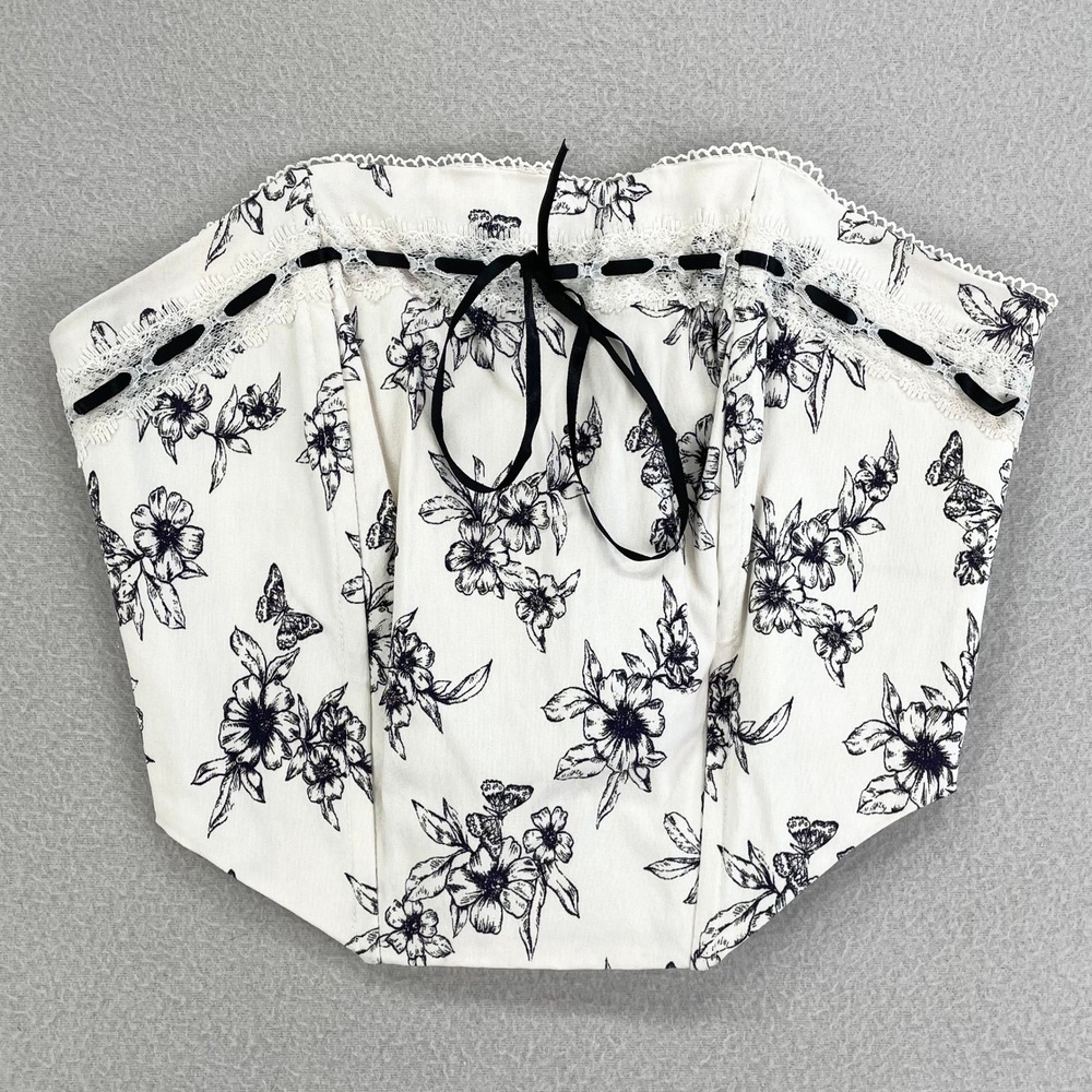 Floral Lace-Trim Strapless Bustier Top - White/Black